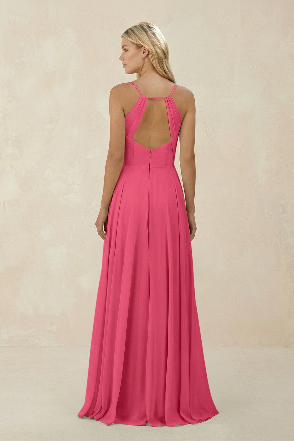 Spaghetti Strap A - Line Chiffon Bridesmaid Dress in Fuchsia - KissProm Bridesmaid Dresses