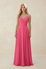 Spaghetti Strap A - Line Chiffon Bridesmaid Dress in Fuchsia - KissProm Bridesmaid Dresses