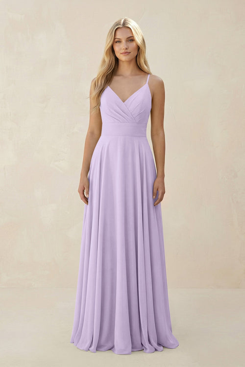 Spaghetti Strap A - Line Chiffon Bridesmaid Dress in Lavender - KissProm Bridesmaid Dresses