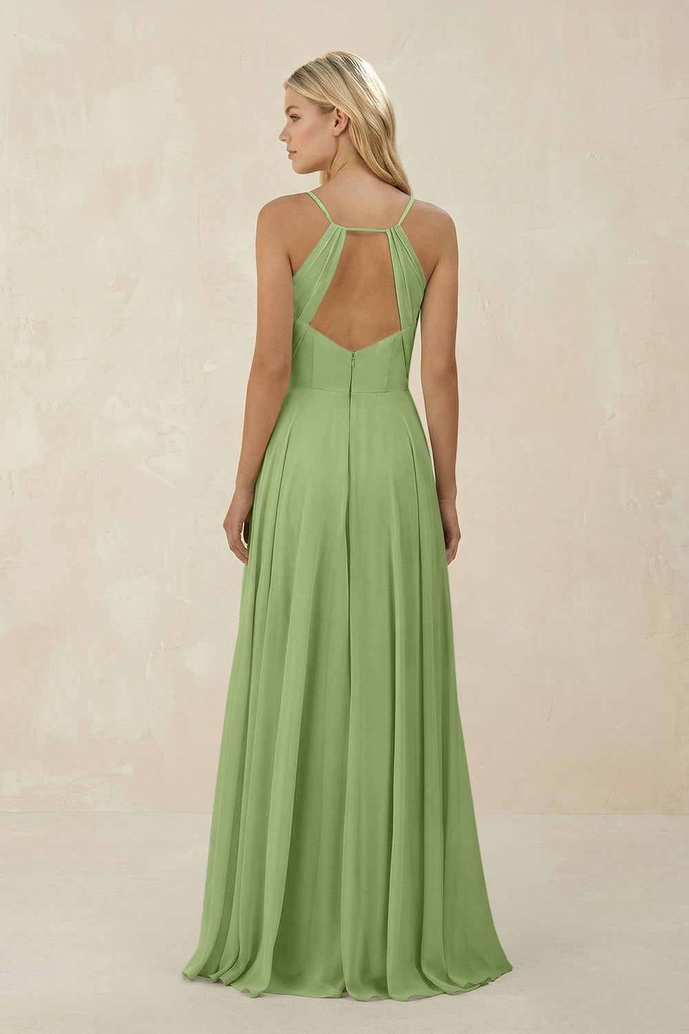 Spaghetti Strap A - Line Chiffon Bridesmaid Dress in Matcha - KissProm Bridesmaid Dresses