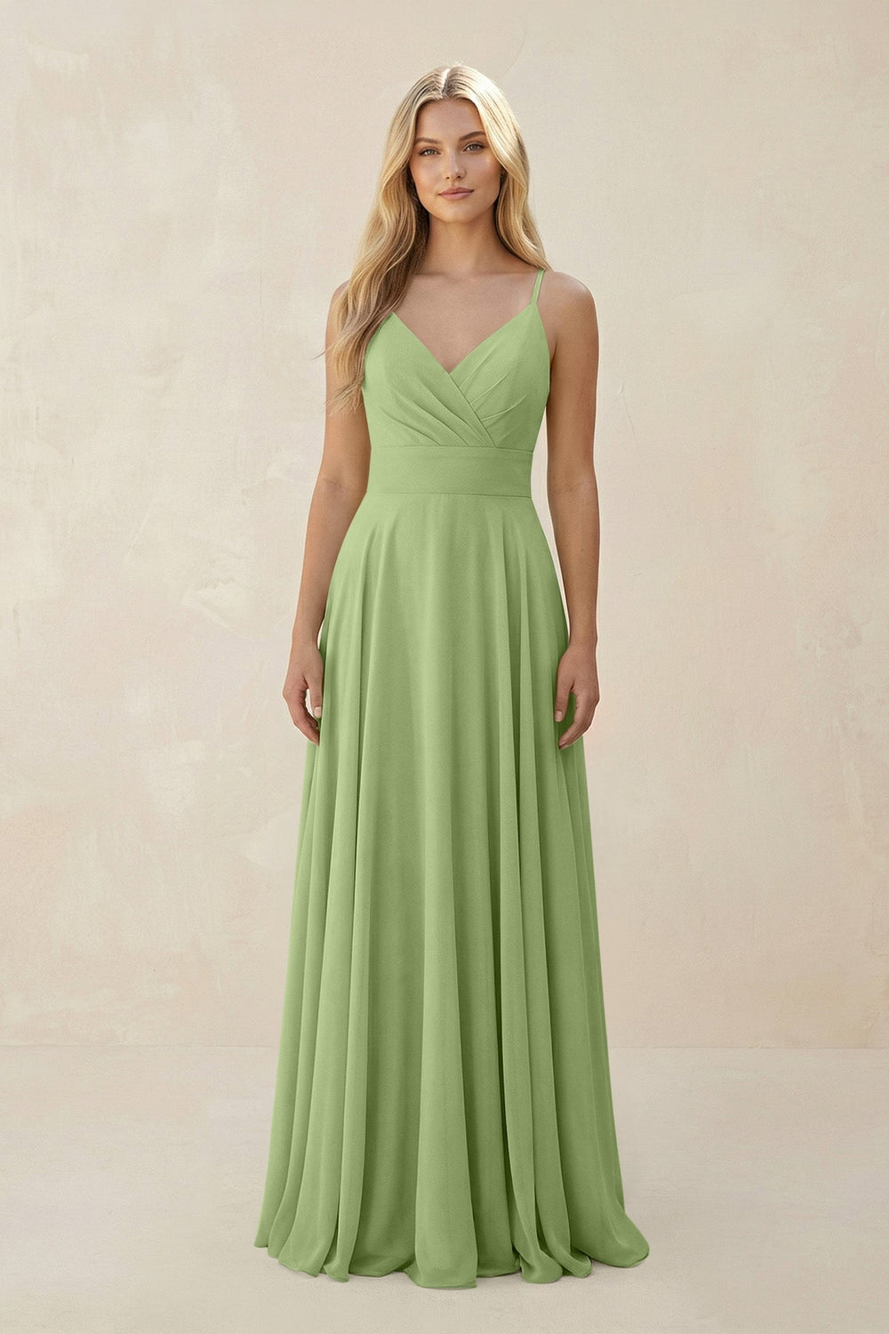 Spaghetti Strap A - Line Chiffon Bridesmaid Dress in Matcha - KissProm Bridesmaid Dresses