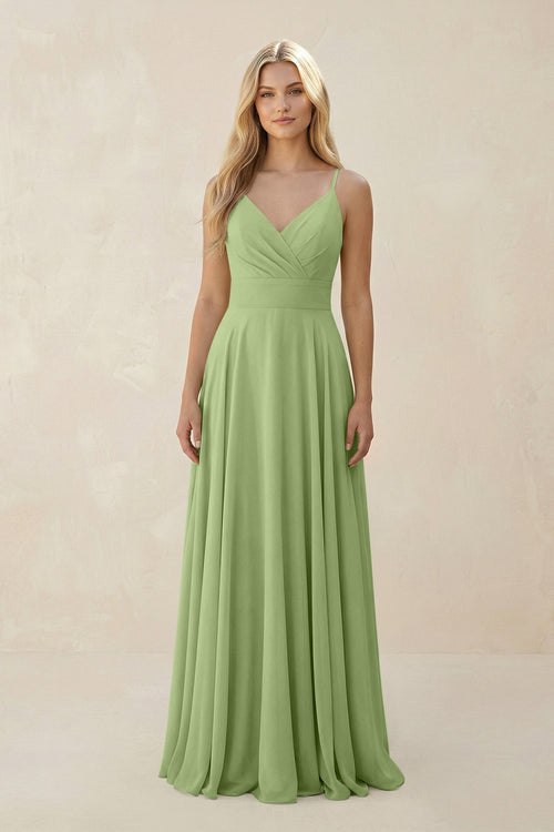 Spaghetti Strap A - Line Chiffon Bridesmaid Dress in Matcha - KissProm Bridesmaid Dresses