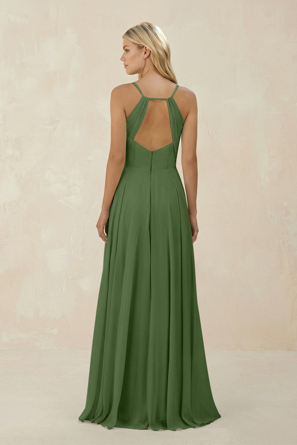 Spaghetti Strap A - Line Chiffon Bridesmaid Dress in Moss - KissProm Bridesmaid Dresses