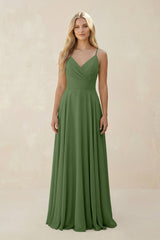 Spaghetti Strap A - Line Chiffon Bridesmaid Dress in Moss - KissProm Bridesmaid Dresses