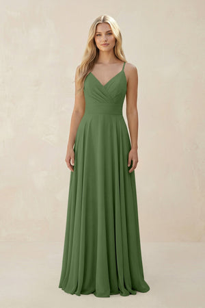 Spaghetti Strap A - Line Chiffon Bridesmaid Dress in Moss - KissProm Bridesmaid Dresses