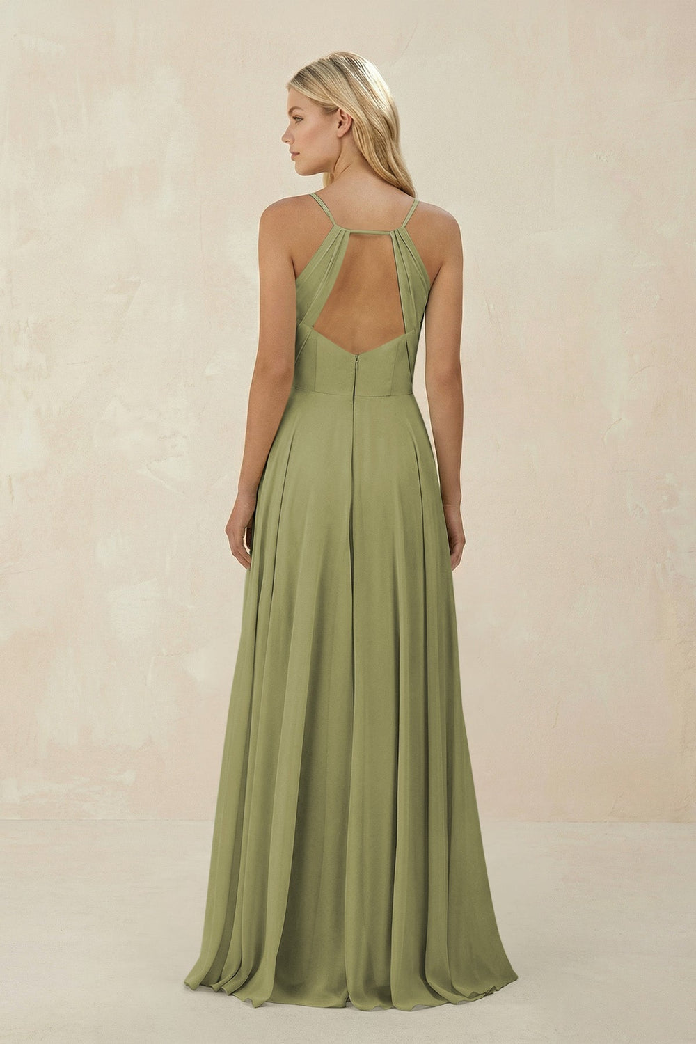 Spaghetti Strap A - Line Chiffon Bridesmaid Dress in Moss Green - KissProm Bridesmaid Dresses