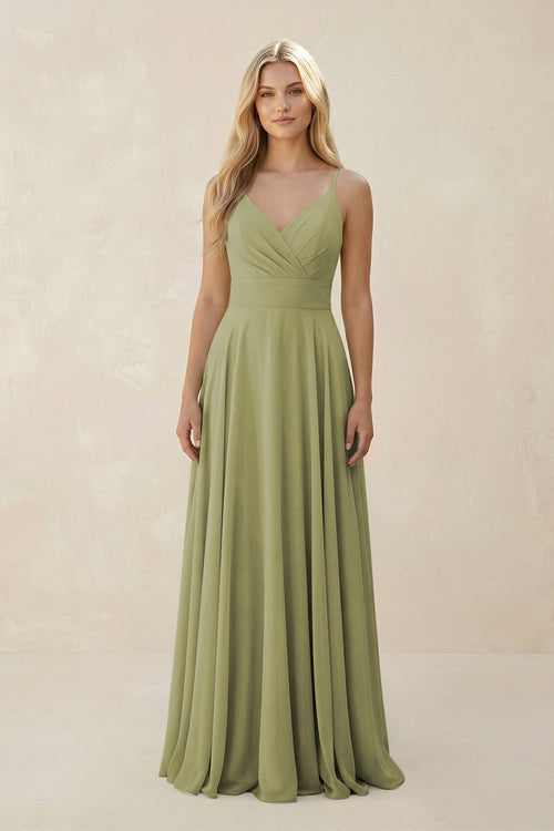 KissProm Spaghetti Strap A-Line Chiffon Bridesmaid Dress in Moss Green, Moss Green / 6