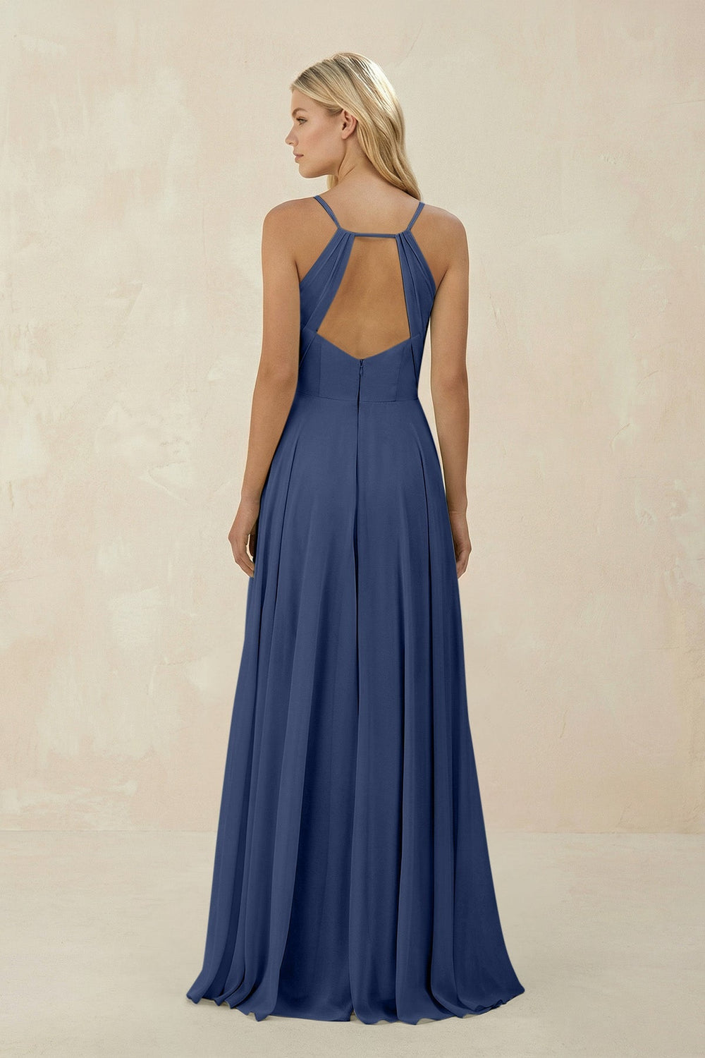 Spaghetti Strap A - Line Chiffon Bridesmaid Dress in Navy - KissProm Bridesmaid Dresses