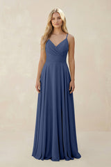 Spaghetti Strap A - Line Chiffon Bridesmaid Dress in Navy - KissProm Bridesmaid Dresses