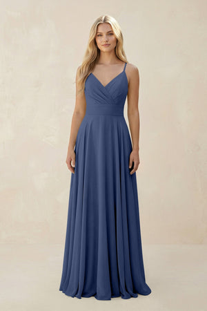 Spaghetti Strap A - Line Chiffon Bridesmaid Dress in Navy - KissProm Bridesmaid Dresses