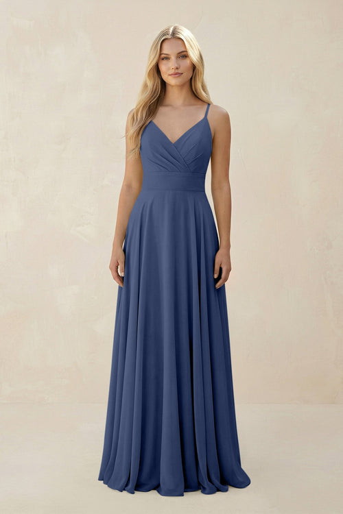 Spaghetti Strap A - Line Chiffon Bridesmaid Dress in Navy - KissProm Bridesmaid Dresses