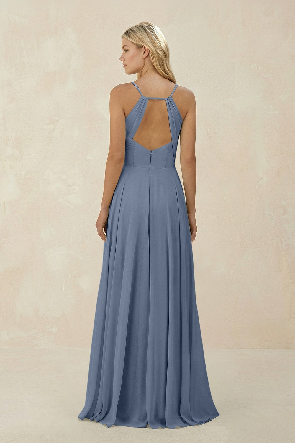 Spaghetti Strap A - Line Chiffon Bridesmaid Dress in Neptune - KissProm Bridesmaid Dresses