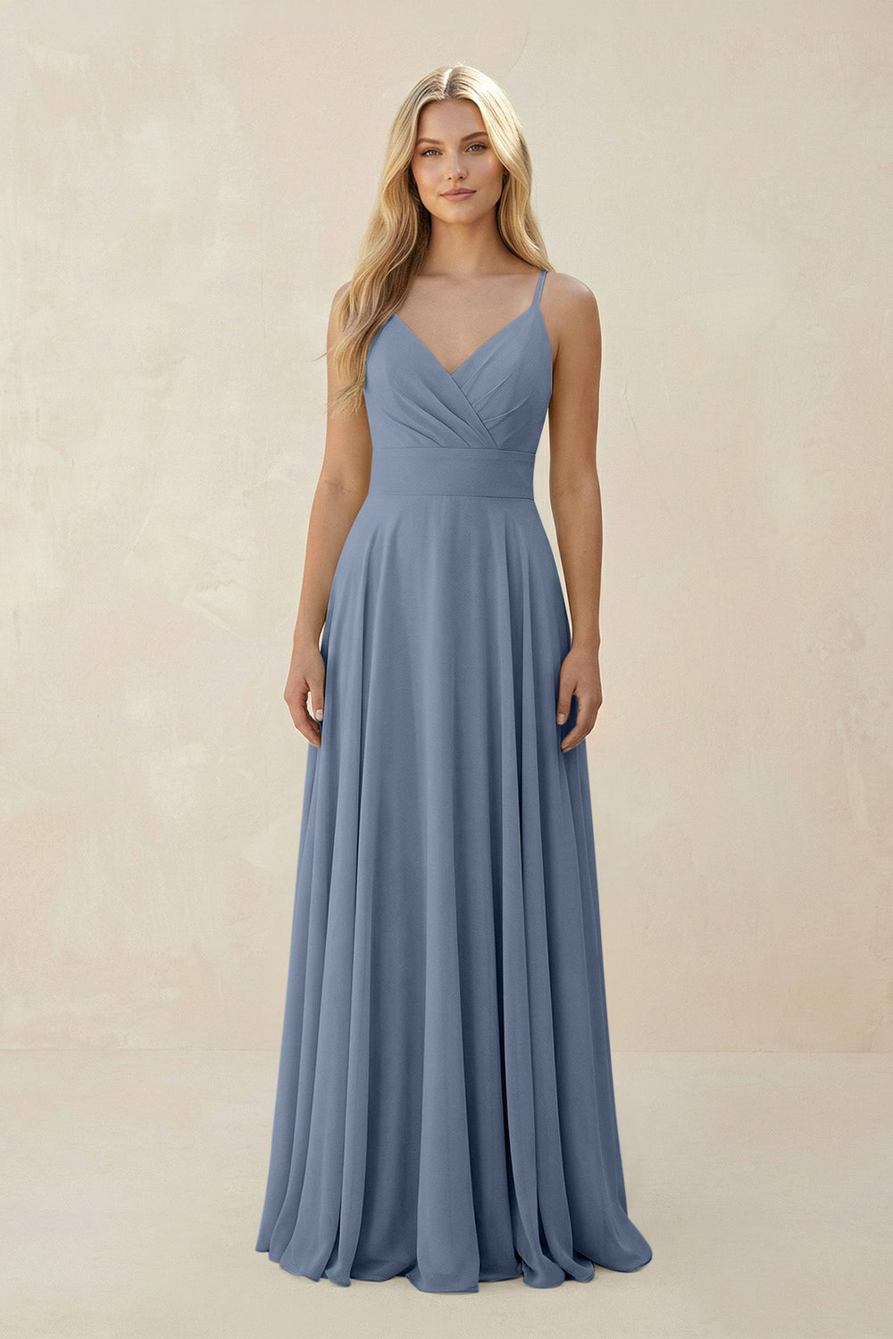 Spaghetti Strap A - Line Chiffon Bridesmaid Dress in Neptune - KissProm Bridesmaid Dresses