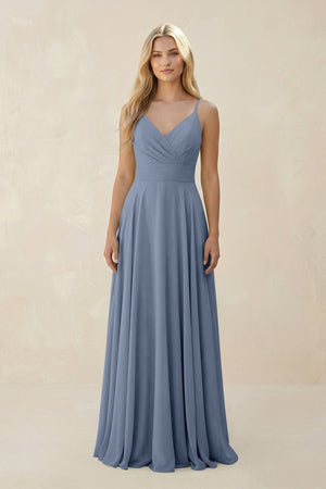 Spaghetti Strap A - Line Chiffon Bridesmaid Dress in Neptune - KissProm Bridesmaid Dresses