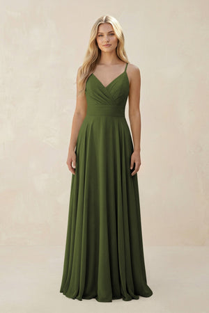 Spaghetti Strap A - Line Chiffon Bridesmaid Dress in Olive - KissProm Bridesmaid Dresses
