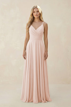 Spaghetti Strap A - Line Chiffon Bridesmaid Dress in Pale Blush - KissProm Bridesmaid Dresses