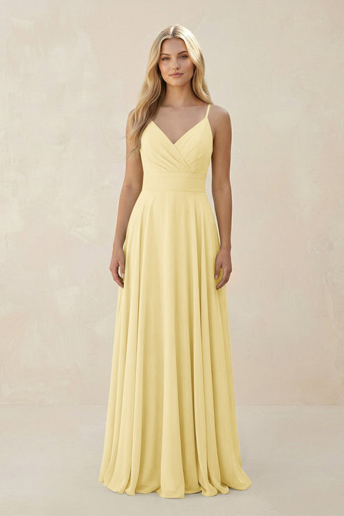 Spaghetti Strap A - Line Chiffon Bridesmaid Dress in Pastel Yellow - KissProm Bridesmaid Dresses