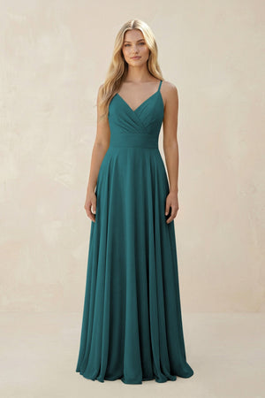 Spaghetti Strap A - Line Chiffon Bridesmaid Dress in Pine - KissProm Bridesmaid Dresses