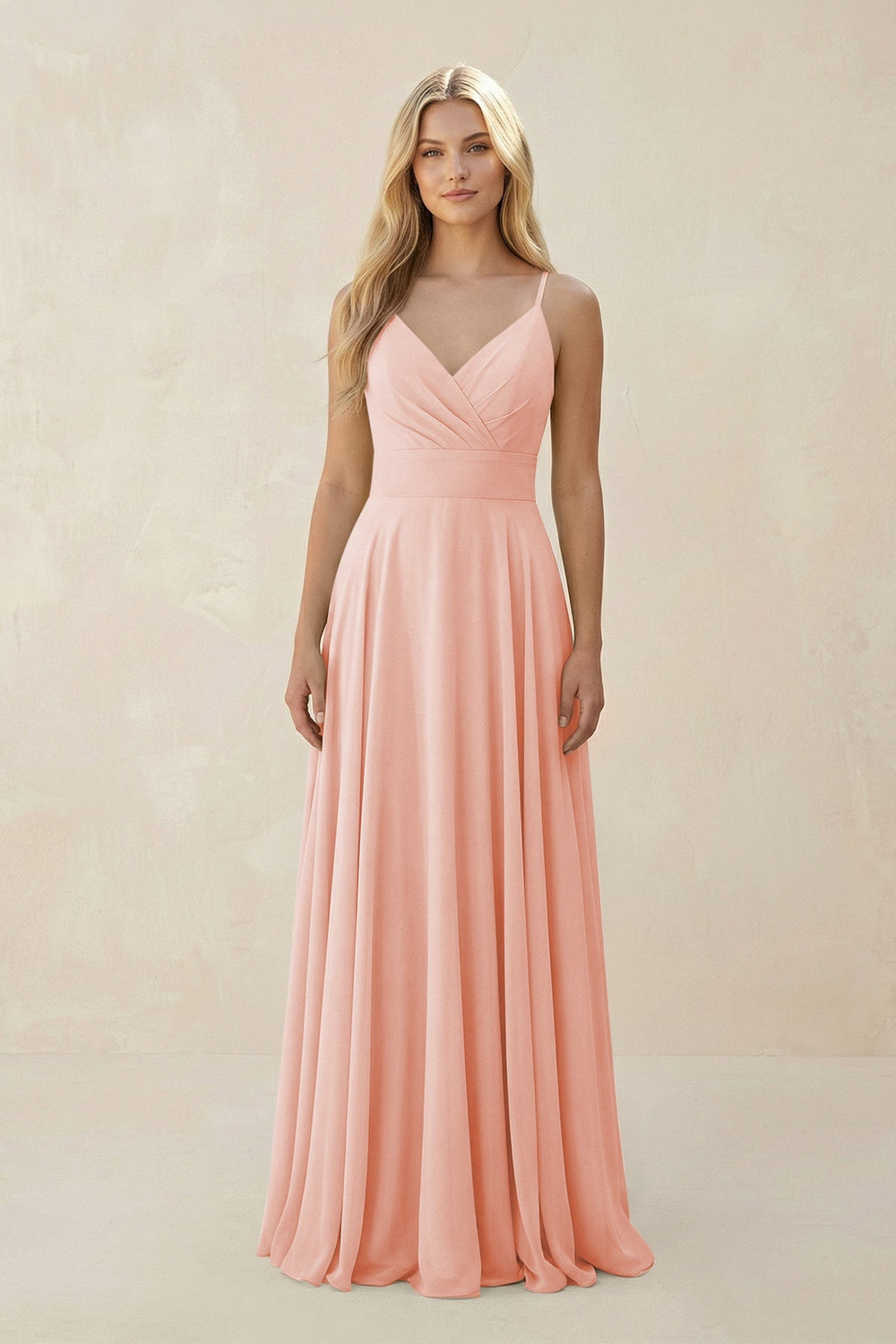 Spaghetti Strap A - Line Chiffon Bridesmaid Dress in Rose Petal - KissProm Bridesmaid Dresses