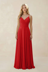 Spaghetti Strap A - Line Chiffon Bridesmaid Dress in Ruby Red - KissProm Bridesmaid Dresses