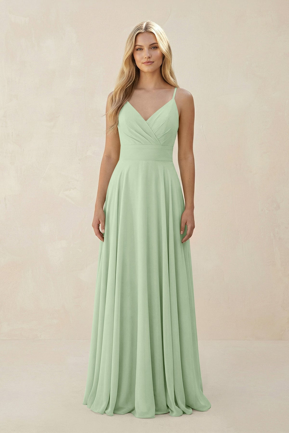 Spaghetti Strap A - Line Chiffon Bridesmaid Dress in Sage - KissProm Bridesmaid Dresses