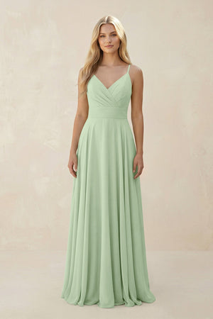 Spaghetti Strap A - Line Chiffon Bridesmaid Dress in Sage - KissProm Bridesmaid Dresses
