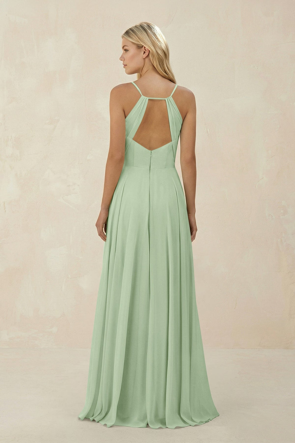Spaghetti Strap A - Line Chiffon Bridesmaid Dress in Sage - KissProm Bridesmaid Dresses