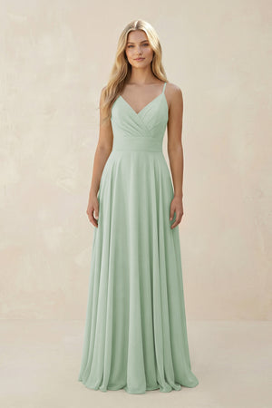 Spaghetti Strap A - Line Chiffon Bridesmaid Dress in Sage - KissProm Bridesmaid Dresses
