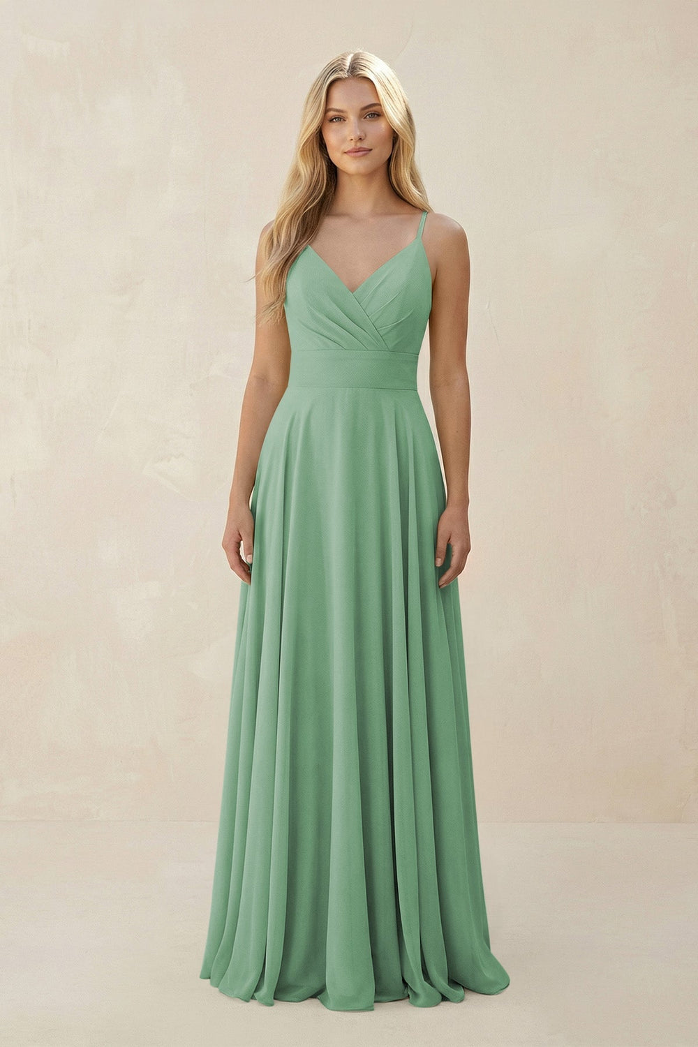 Spaghetti Strap A - Line Chiffon Bridesmaid Dress in Sea Glass - KissProm Bridesmaid Dresses