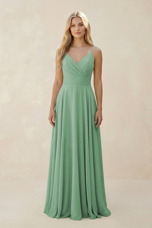Spaghetti Strap A - Line Chiffon Bridesmaid Dress in Sea Glass - KissProm Bridesmaid Dresses