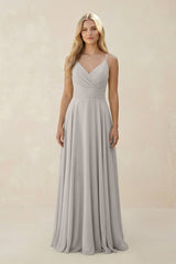 Spaghetti Strap A - Line Chiffon Bridesmaid Dress in Silver - KissProm Bridesmaid Dresses