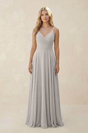 Spaghetti Strap A - Line Chiffon Bridesmaid Dress in Silver - KissProm Bridesmaid Dresses