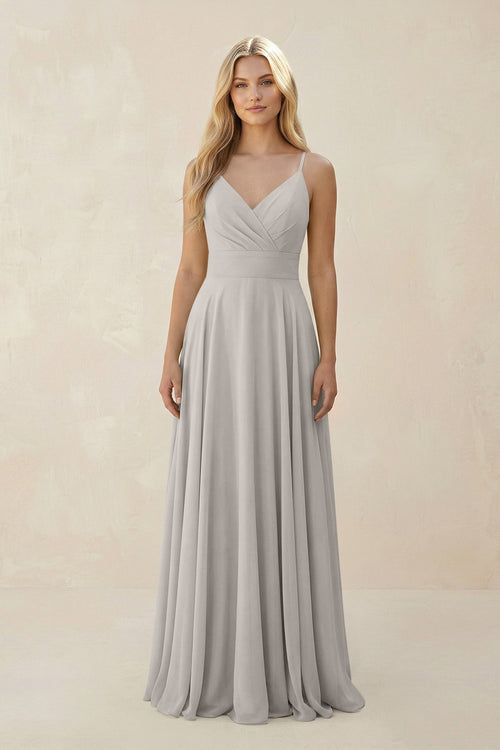 Spaghetti Strap A - Line Chiffon Bridesmaid Dress in Silver - KissProm Bridesmaid Dresses