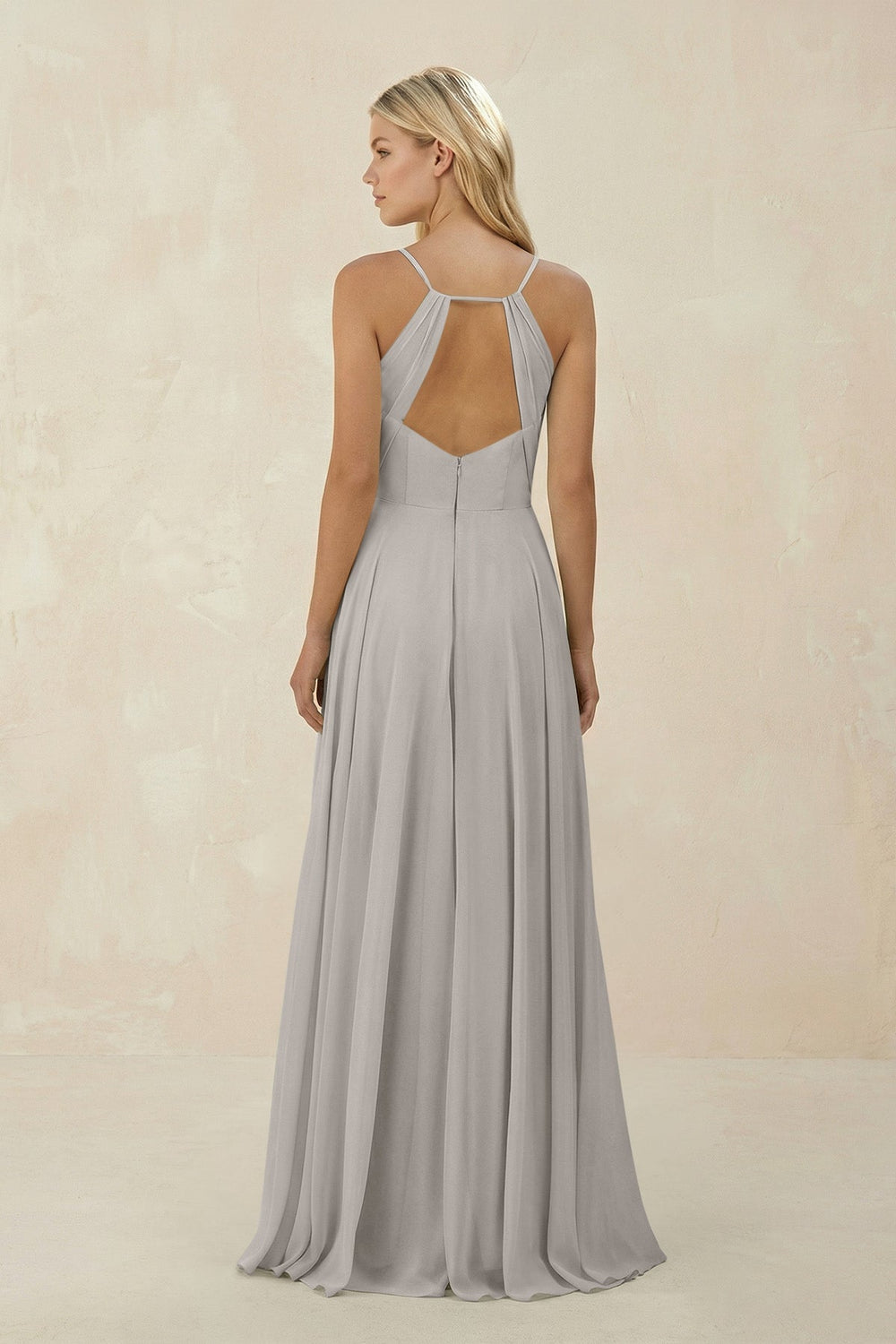 Spaghetti Strap A - Line Chiffon Bridesmaid Dress in Silver - KissProm Bridesmaid Dresses