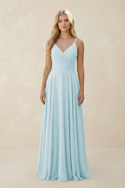 Spaghetti Strap A - Line Chiffon Bridesmaid Dress in Sky Blue - KissProm Bridesmaid Dresses