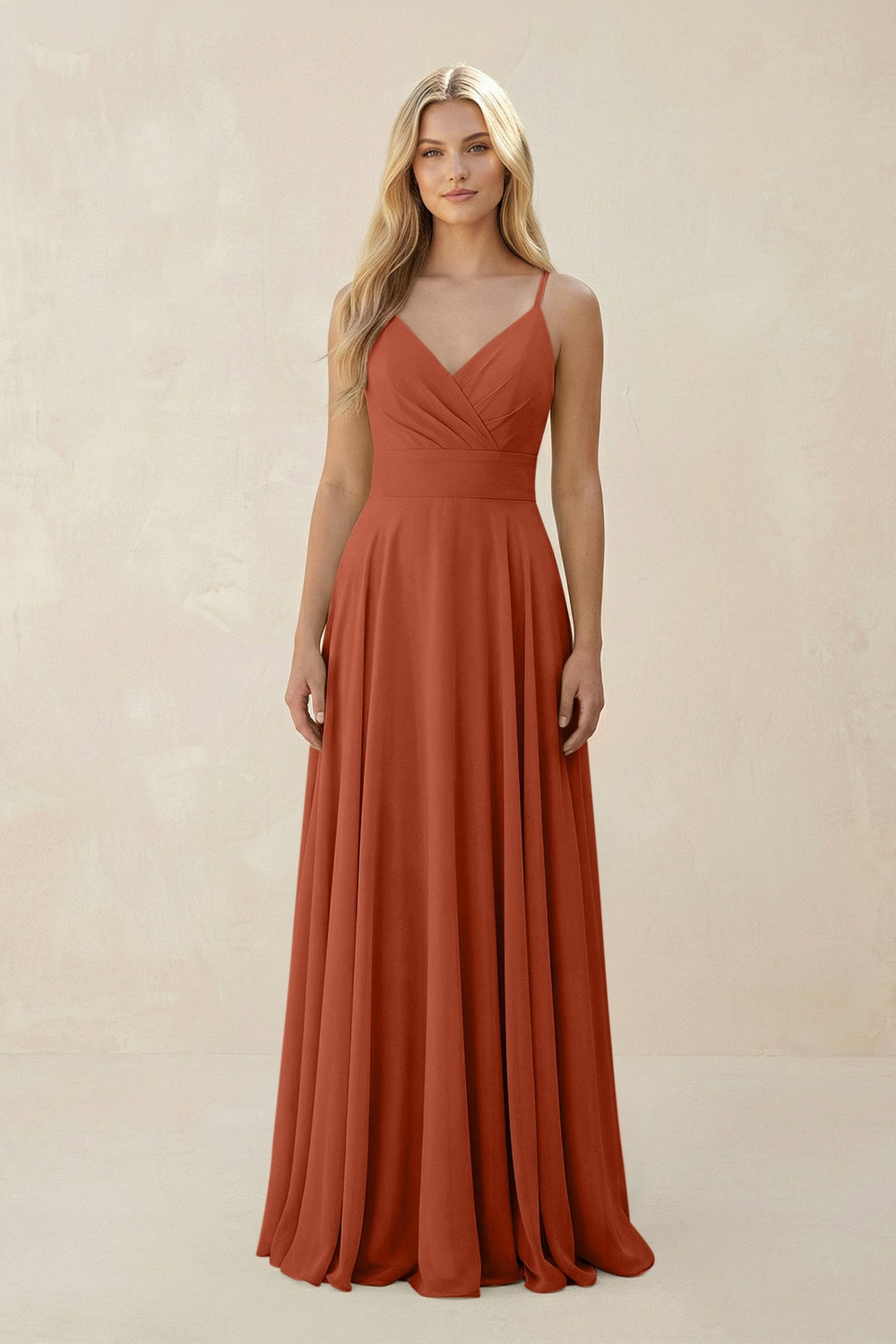 Spaghetti Strap A - Line Chiffon Bridesmaid Dress in Spice - KissProm Bridesmaid Dresses