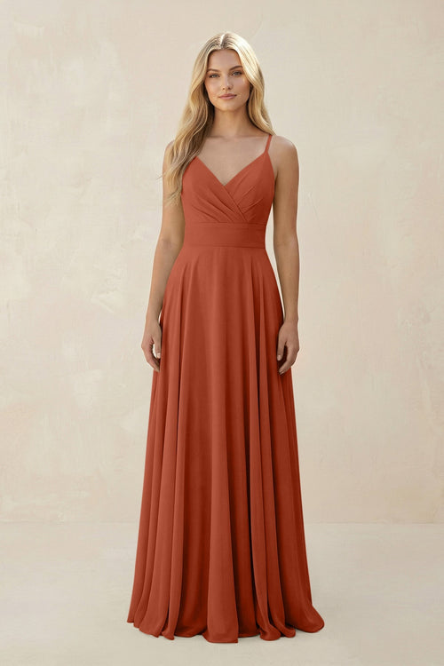 Spaghetti Strap A - Line Chiffon Bridesmaid Dress in Spice - KissProm Bridesmaid Dresses