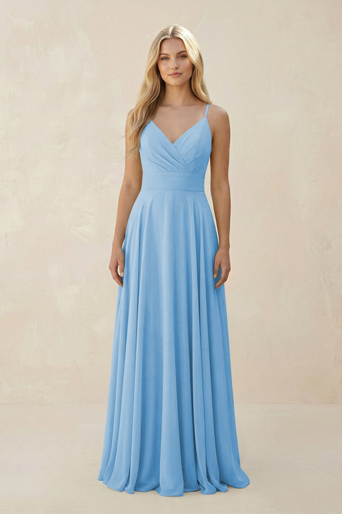 Spaghetti Strap A - Line Chiffon Bridesmaid Dress in Steel Blue - KissProm Bridesmaid Dresses