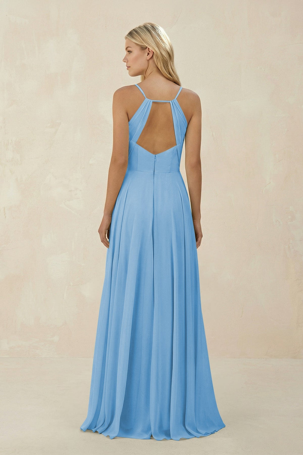 Spaghetti Strap A - Line Chiffon Bridesmaid Dress in Steel Blue - KissProm Bridesmaid Dresses