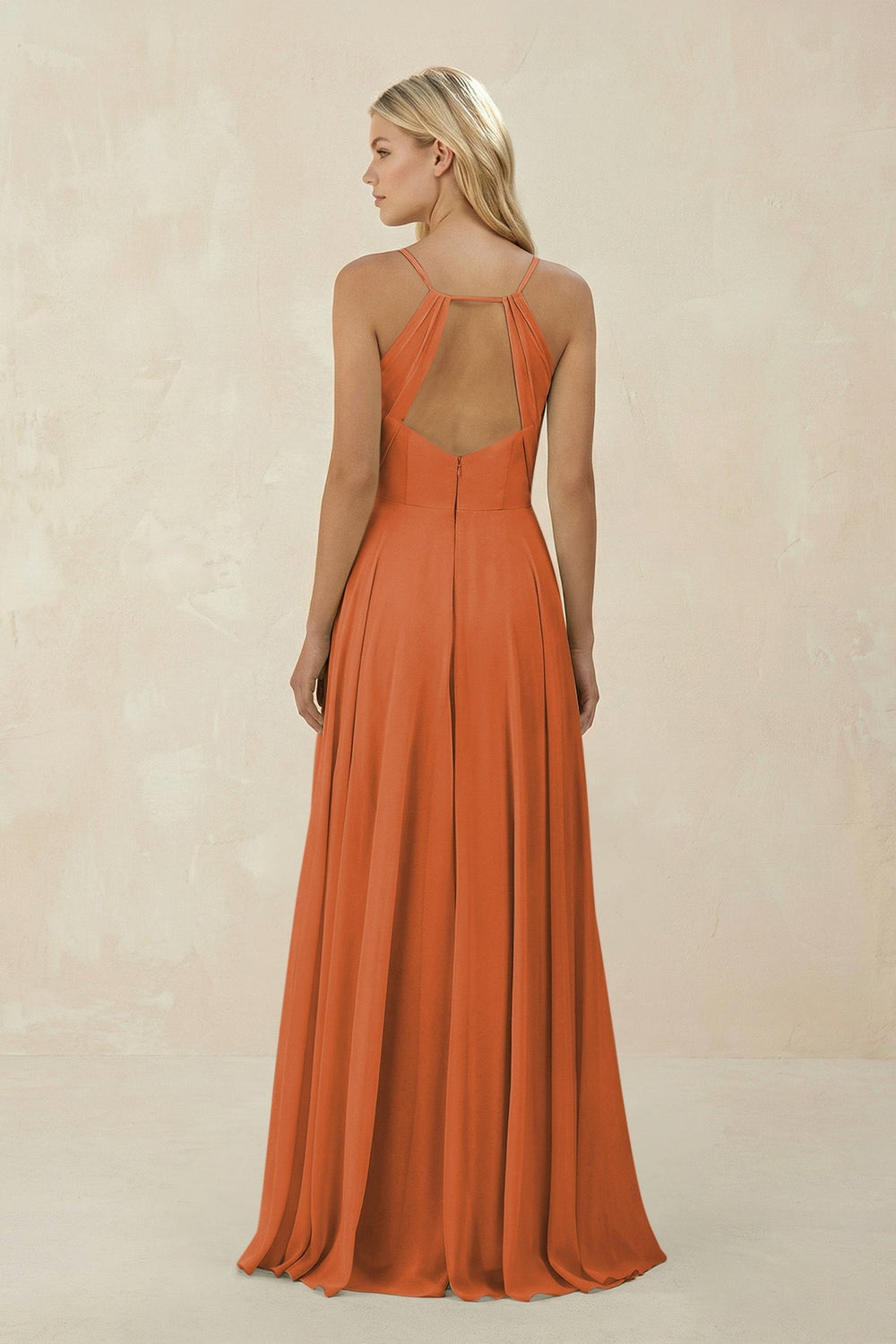 Spaghetti Strap A - Line Chiffon Bridesmaid Dress in Terracotta - KissProm Bridesmaid Dresses