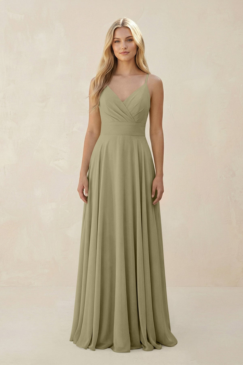 Spaghetti Strap A - Line Chiffon Bridesmaid Dress in Thyme - KissProm Bridesmaid Dresses