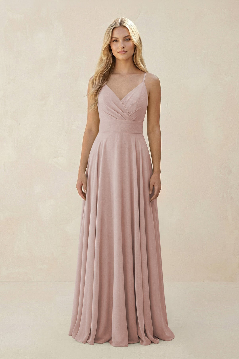 Spaghetti Strap A - Line Chiffon Bridesmaid Dress in Toffee - KissProm Bridesmaid Dresses