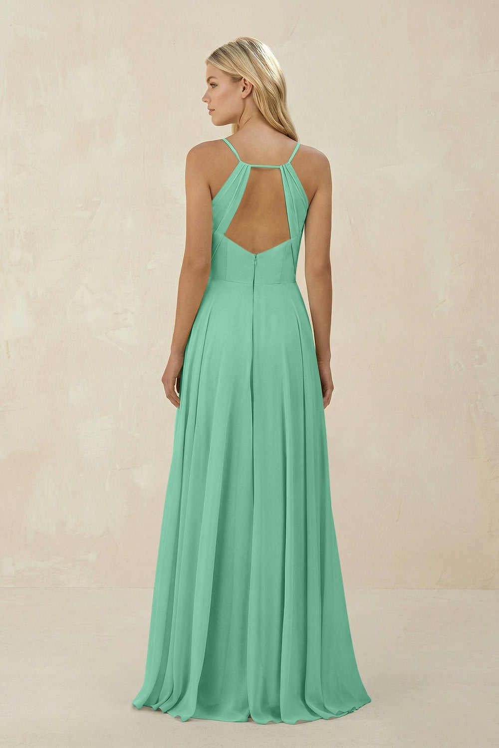 Spaghetti Strap A - Line Chiffon Bridesmaid Dress in Turquoise - KissProm Bridesmaid Dresses