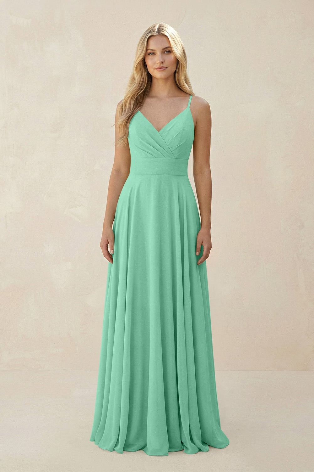 Spaghetti Strap A - Line Chiffon Bridesmaid Dress in Turquoise - KissProm Bridesmaid Dresses