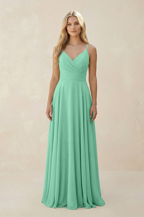 Spaghetti Strap A - Line Chiffon Bridesmaid Dress in Turquoise - KissProm Bridesmaid Dresses