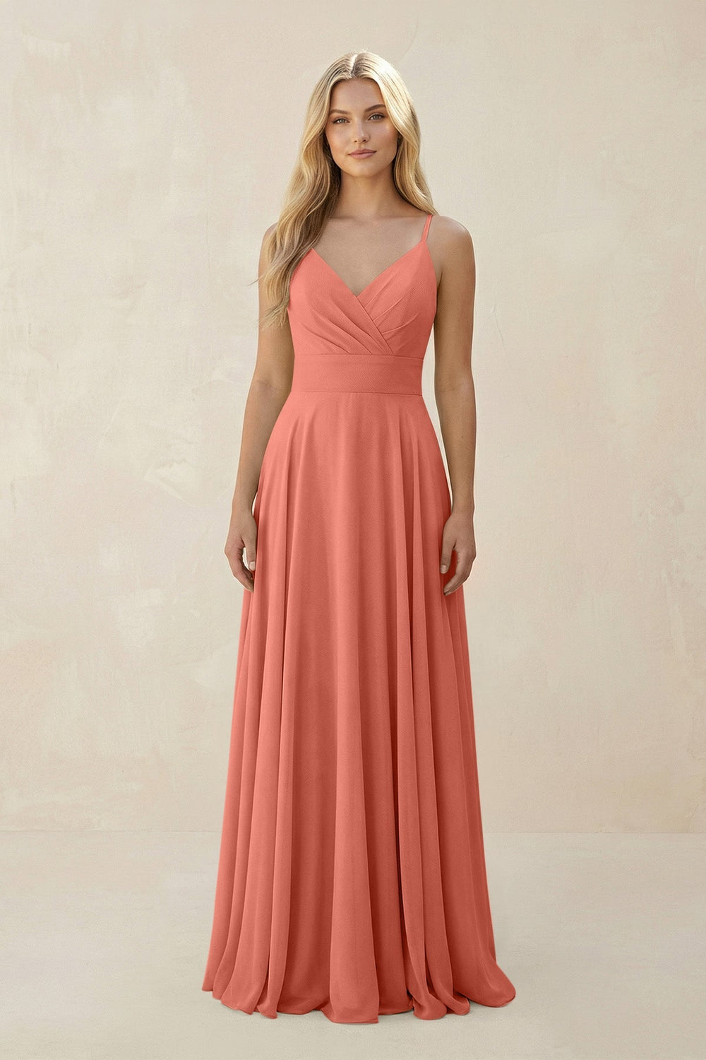 Spaghetti Strap A - Line Chiffon Bridesmaid Dress in Wild Rose - KissProm Bridesmaid Dresses