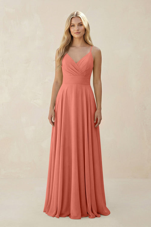 Spaghetti Strap A - Line Chiffon Bridesmaid Dress in Wild Rose - KissProm Bridesmaid Dresses