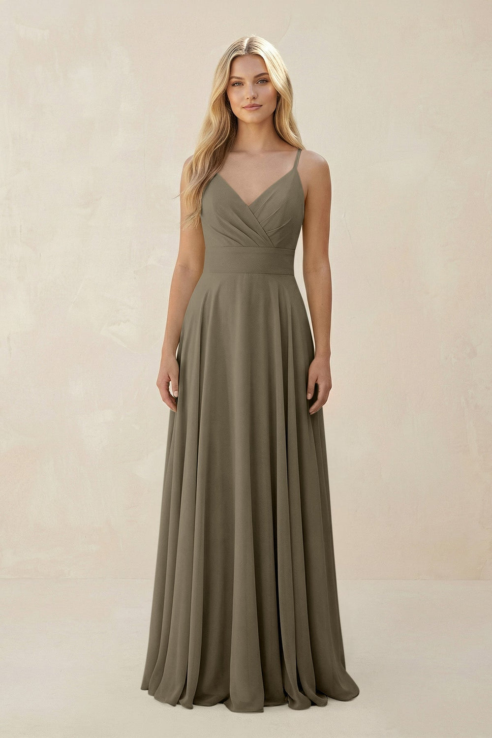 Spaghetti Strap A - Line Chiffon Bridesmaid Dress in Willow Green - KissProm Bridesmaid Dresses