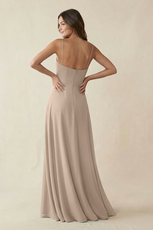 Spaghetti Strap A - Line Chiffon Maxi Bridesmaid Dress in Almond - KissProm Bridesmaid Dresses