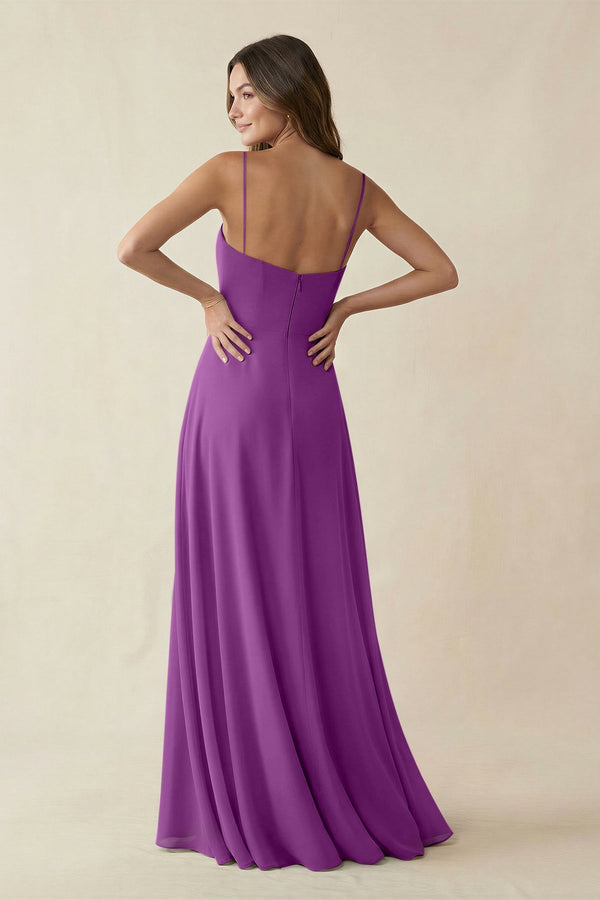 Spaghetti Strap A - Line Chiffon Maxi Bridesmaid Dress in Amethyst - KissProm Bridesmaid Dresses